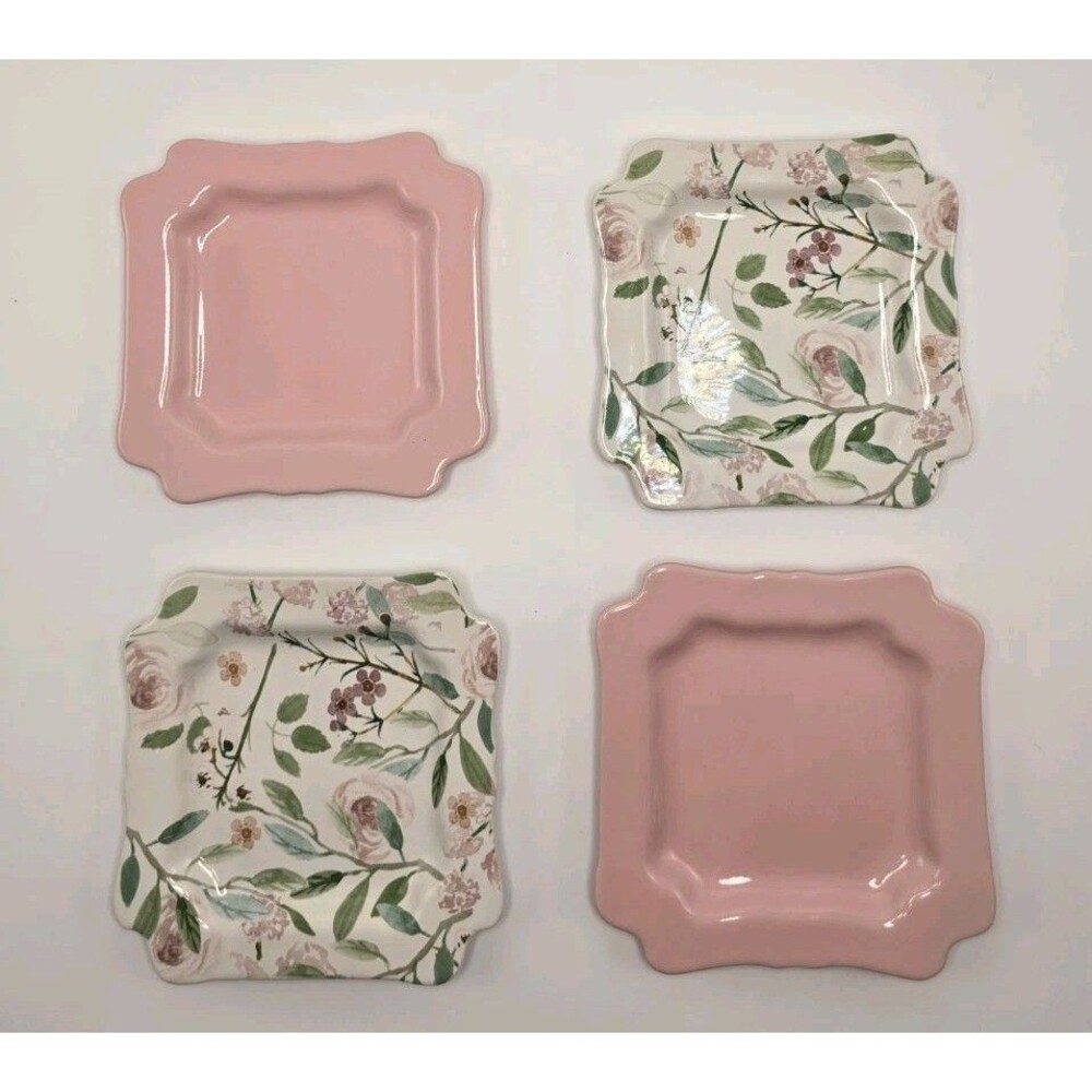 Sweet Laurel Pink Floral Ceramic Dessert Plates Set of 4, Cottagecore Barbiecore
